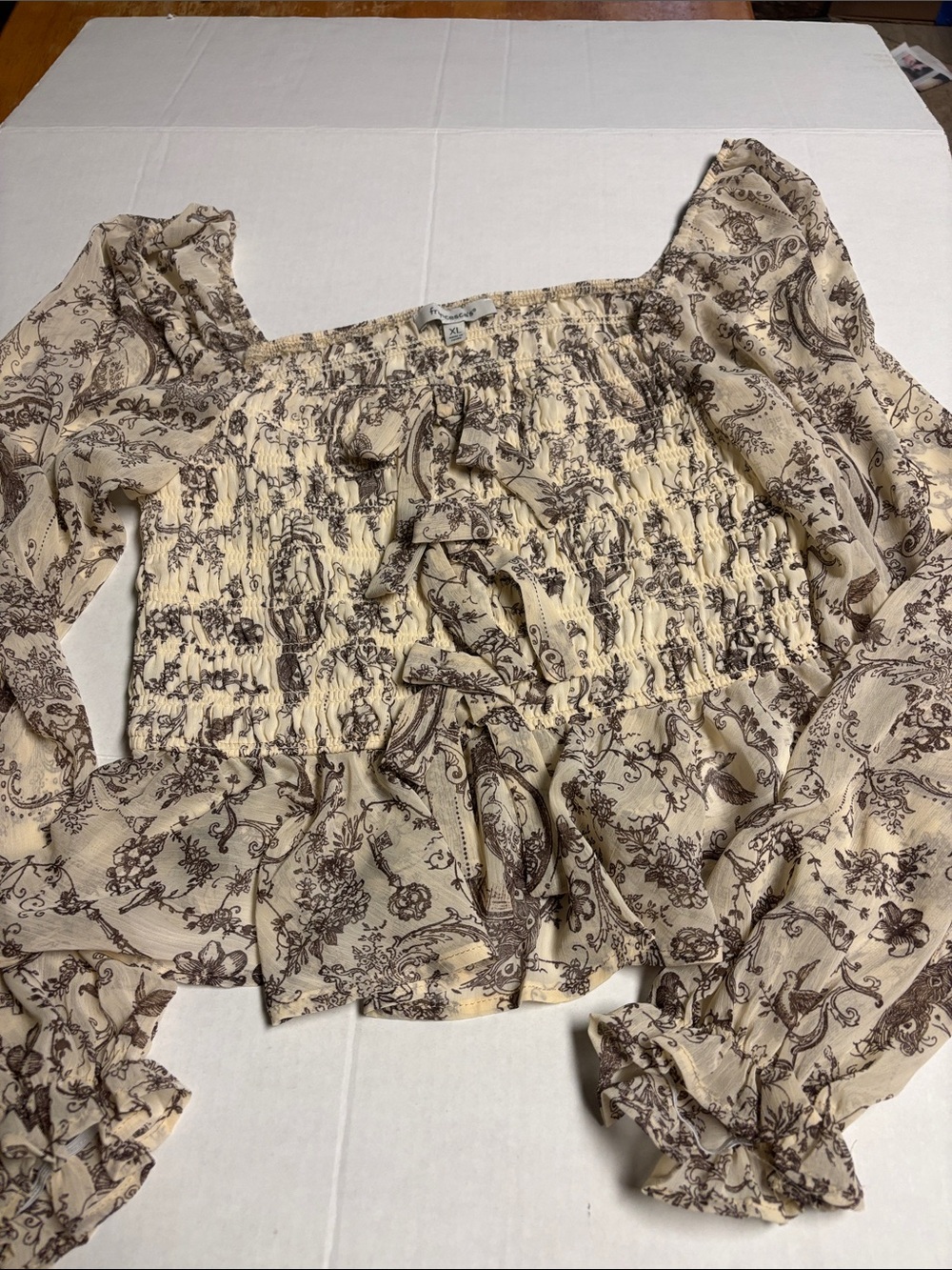 Francesca's Collections Cream and Brown Smocked Paisley Peasant Top